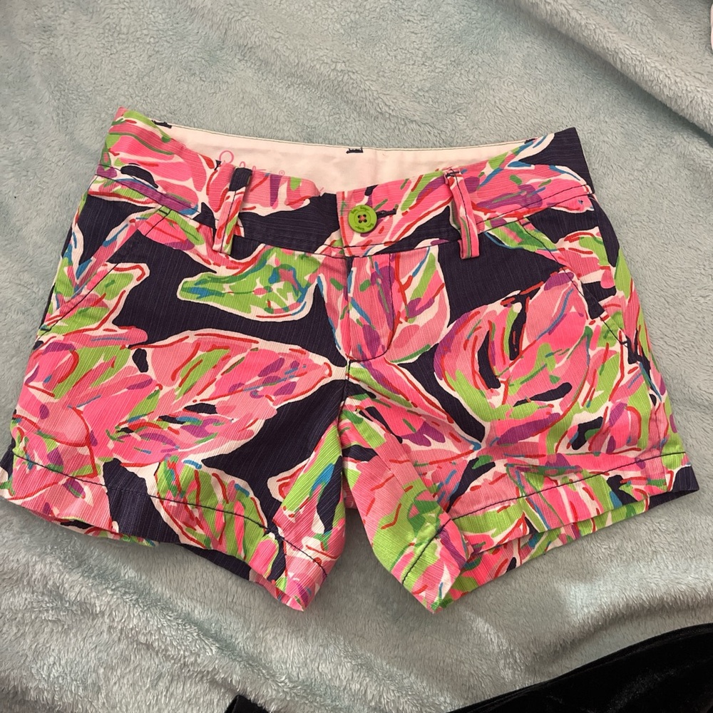 Lilly Pulitzer Pink and Green Bermuda Shorts Vibrant Floral Design